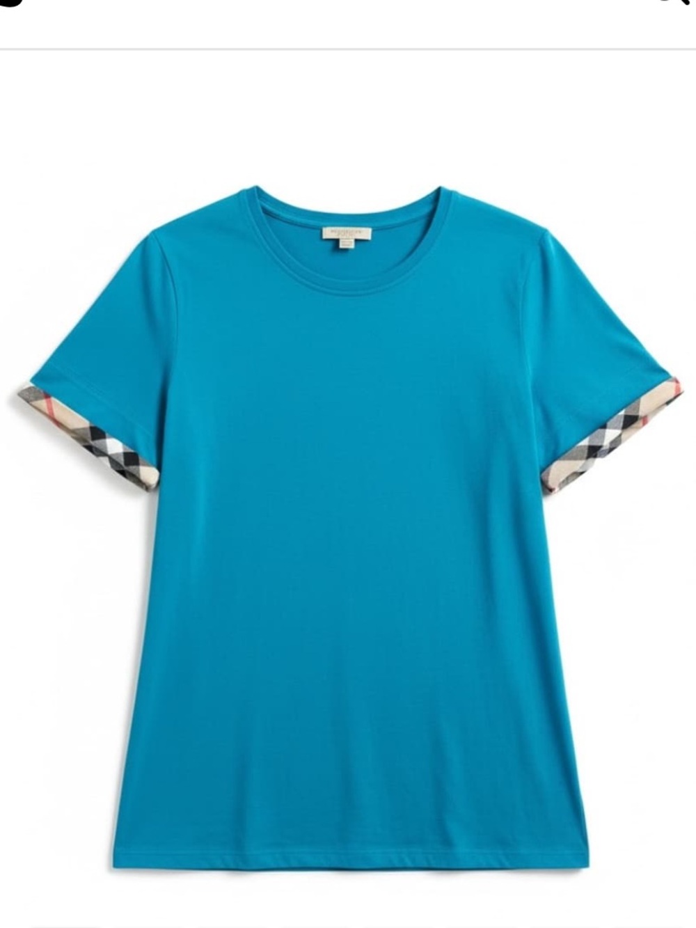 Vintage Women’s Burberry 🩵🐎👗Turquoise Scoop Neck Checkcuff Short Sleeve Tee